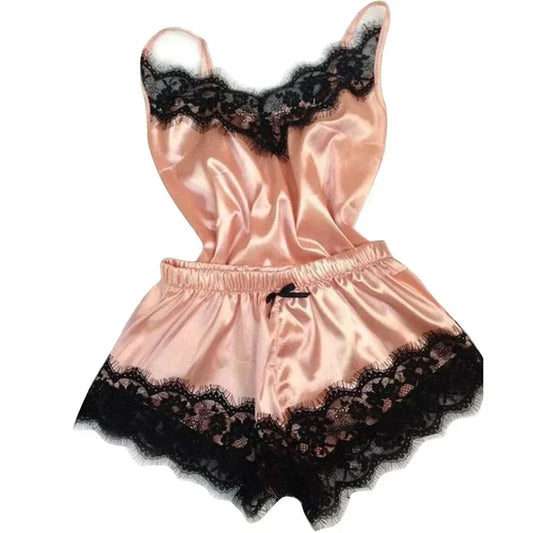 Summer Lace Silk Pajama Set for Women Sleepwear Sexy Lingerie Cami Top and