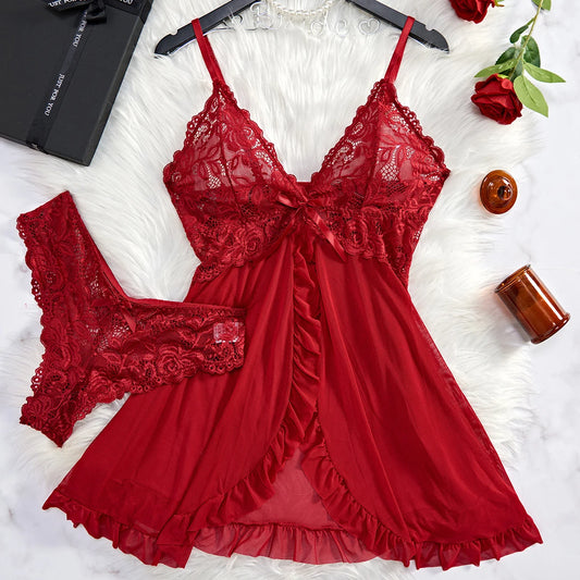 Sleepwear Lace Nightdress And Panty Pijamas Sets Female Sexy Nighty